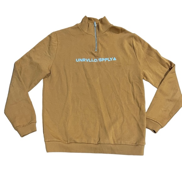 ASOS Urvlld Supply half zip sweatshirt in brown with print. - Picture 2 of 5